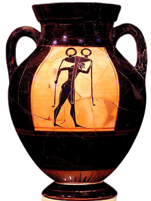 Terracotta amphora (jar) ca. 550 BCE- Attributed to a painter of Group E On view at The Met Fifth Avenue in Gallery 155 Obverse, warrior and inscription: two obols--and hands off Reverse, man carrying a tripod 